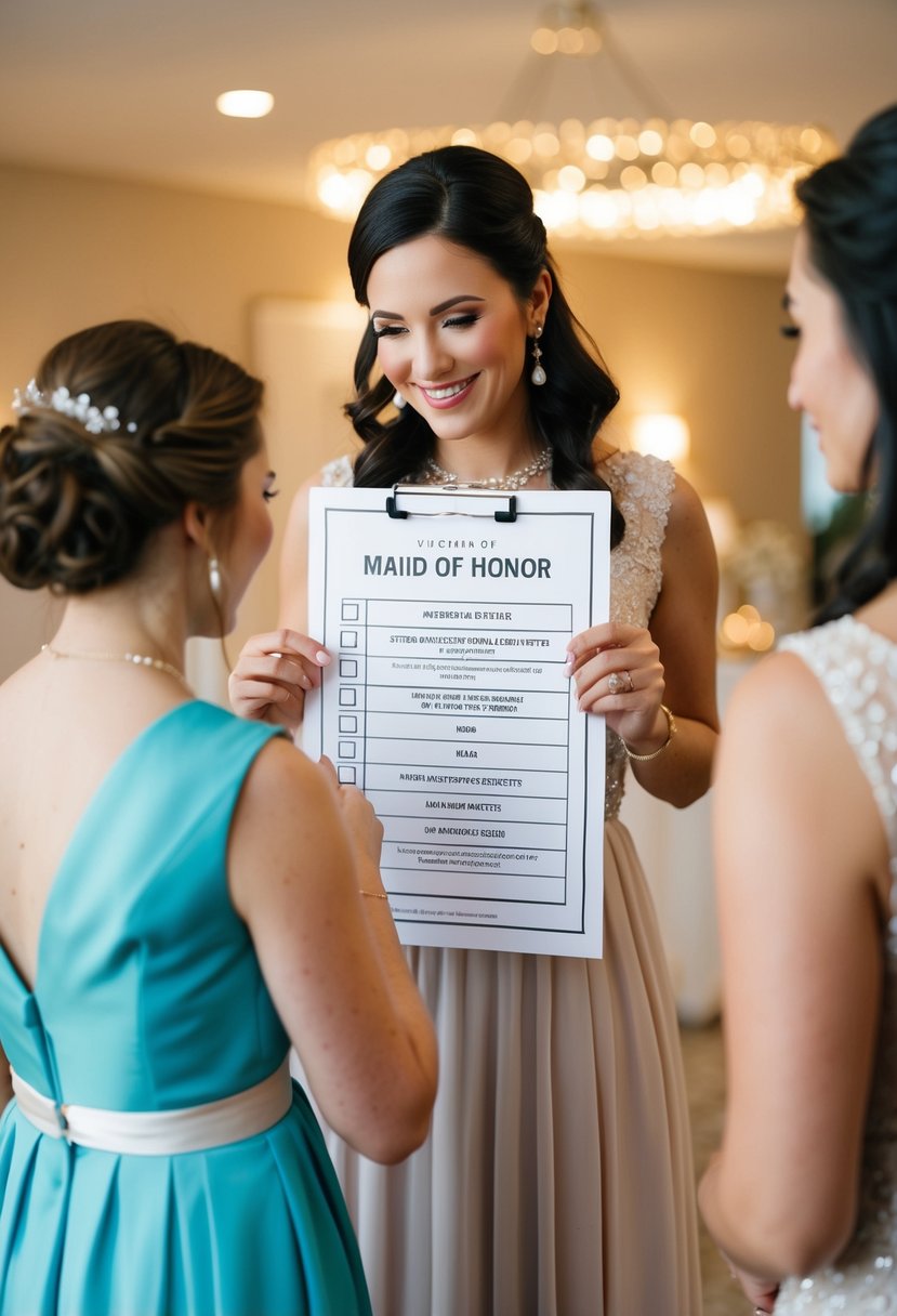 A maid of honor checking off tasks on a timeline checklist for the wedding day