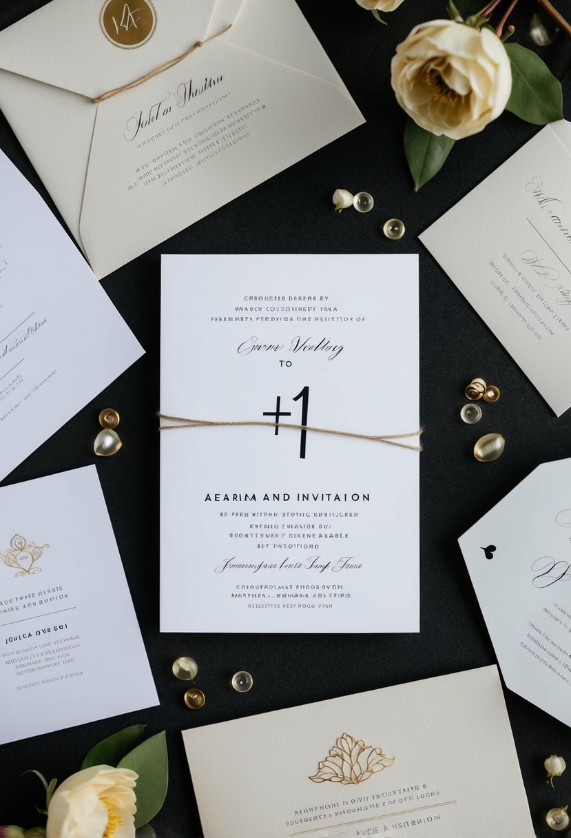 A wedding invitation with a "+1" crossed out, surrounded by other invitations