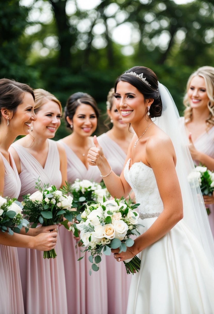 A maid of honor smiling and giving a thumbs up to the bride, surrounded by other bridesmaids, while holding a bouquet of flowers