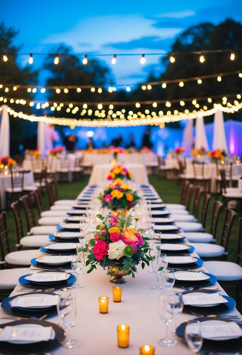 A festive outdoor wedding reception with long banquet tables, colorful floral centerpieces, twinkling string lights, and a lively dance floor