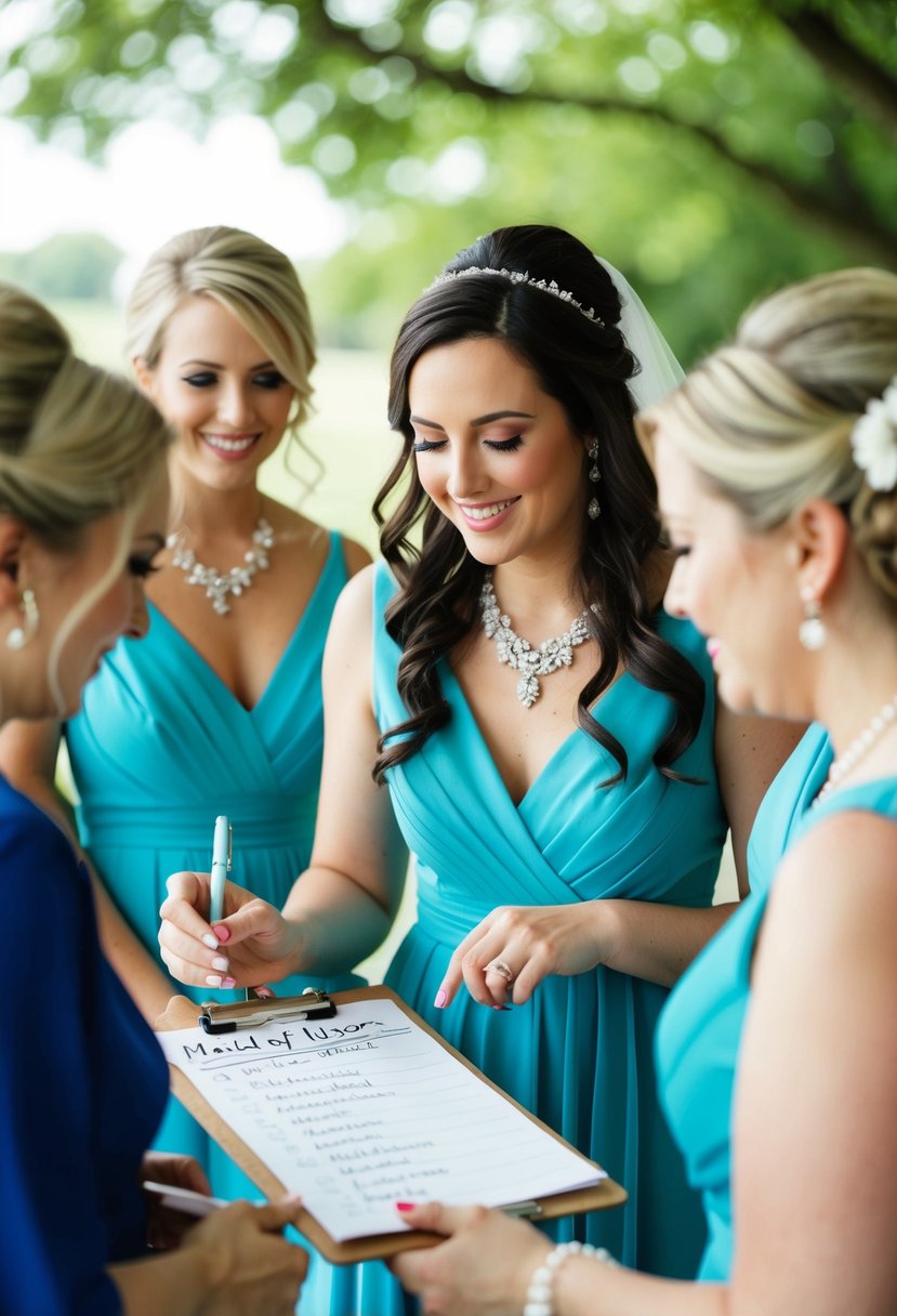 The maid of honor organizing a timeline for the bridal party, jotting down notes and checking off tasks on a clipboard