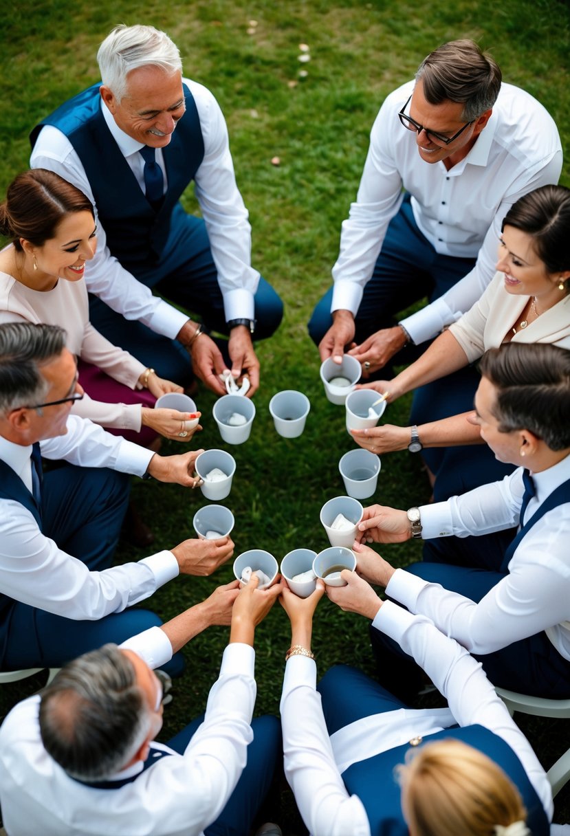 Family members gather in a circle, each holding a different wedding task item. They smile and chat, making sure everyone feels included and valued