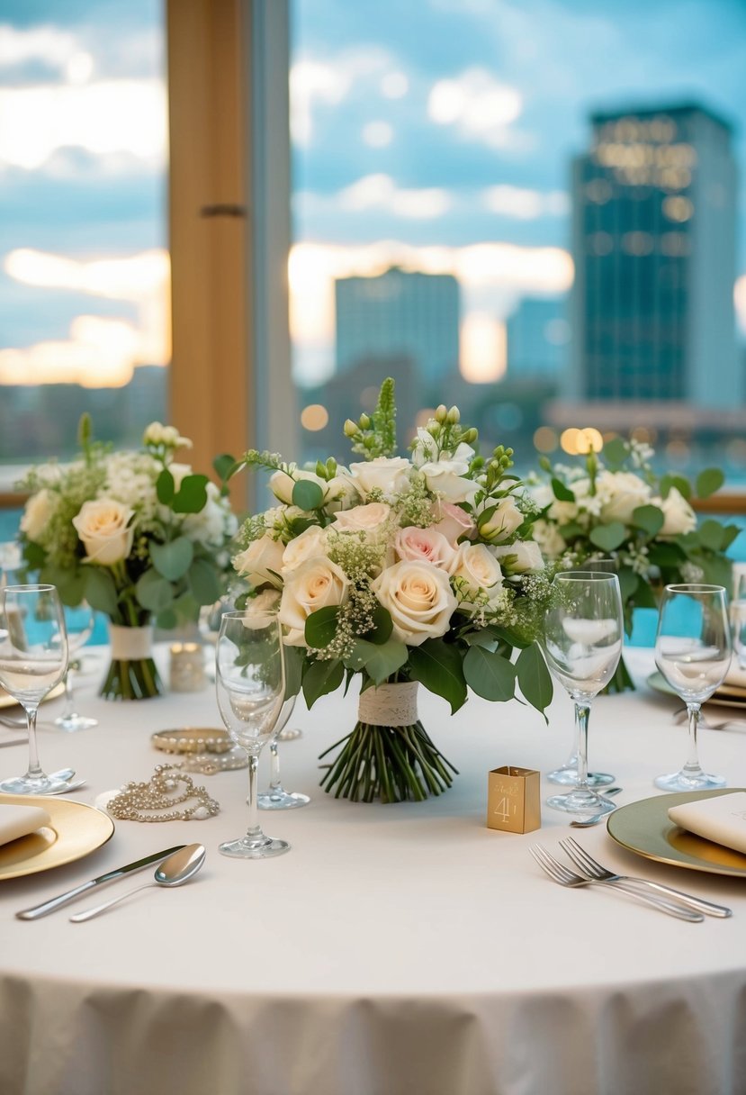 A table set with bouquets, jewelry, and other accessories for the maid of honor on a wedding day