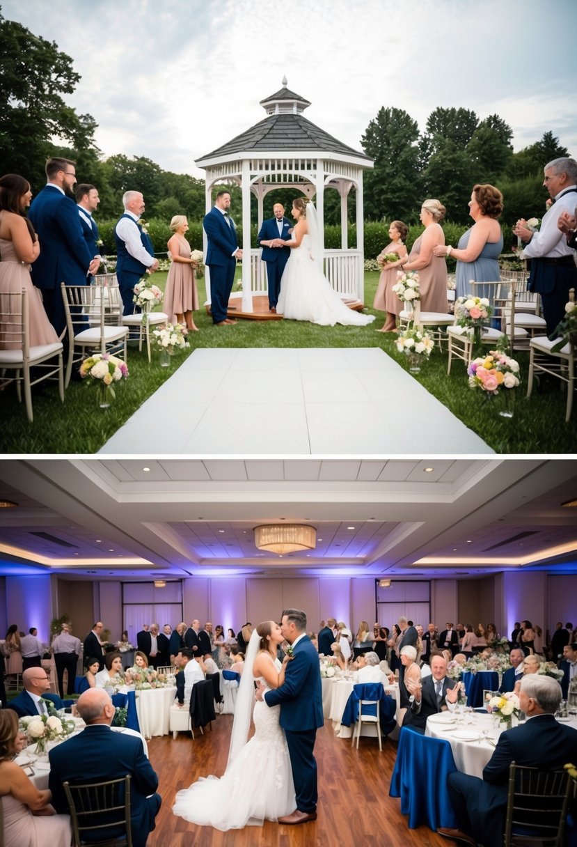 A small outdoor ceremony with a gazebo, flowers, and a few guests, followed by a large indoor reception with a dance floor, tables, and a big family celebration