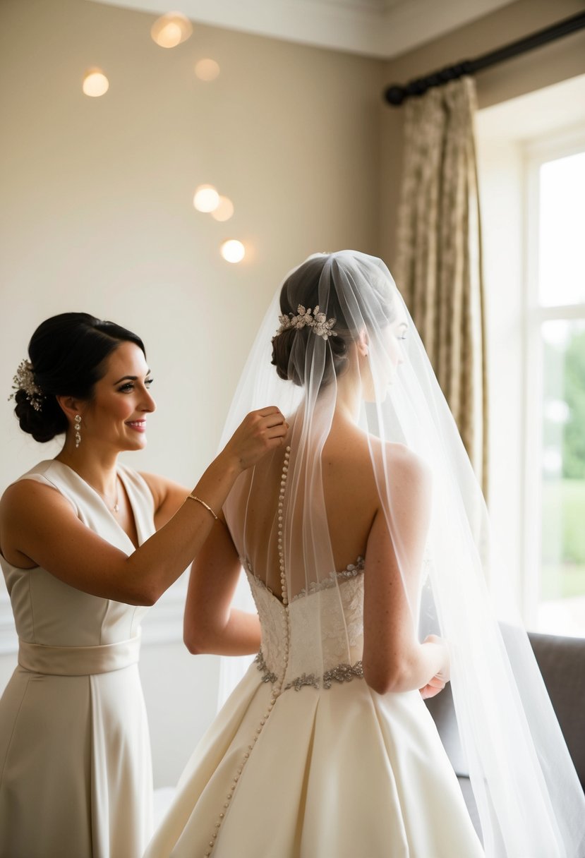 The maid of honor gently adjusts the bride's veil and train, ensuring they flow elegantly behind her on the wedding day