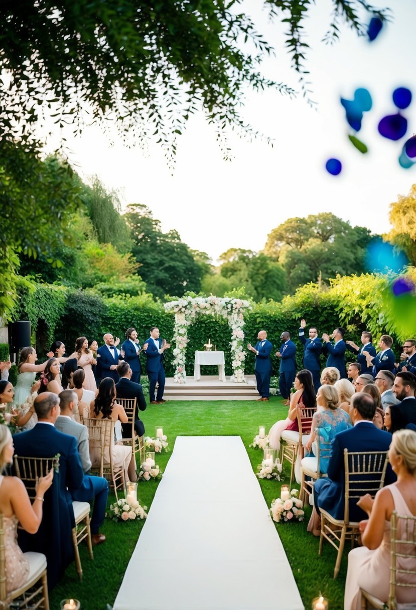 A serene garden with a decorated altar for a private ceremony, surrounded by lush greenery. A grand banquet hall filled with joyful guests celebrating with music and dancing