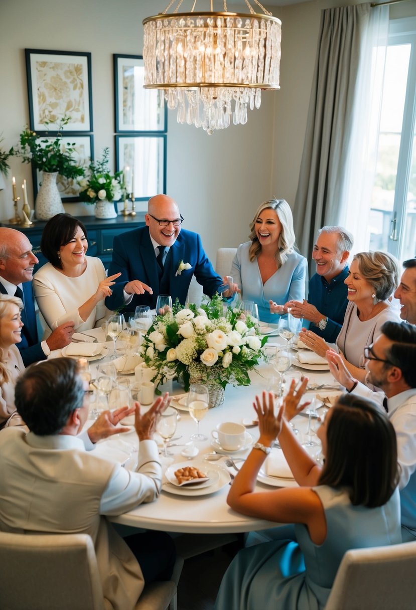 A family gathering around a table, exchanging tips and advice for a big wedding. Laughter and animated gestures fill the room