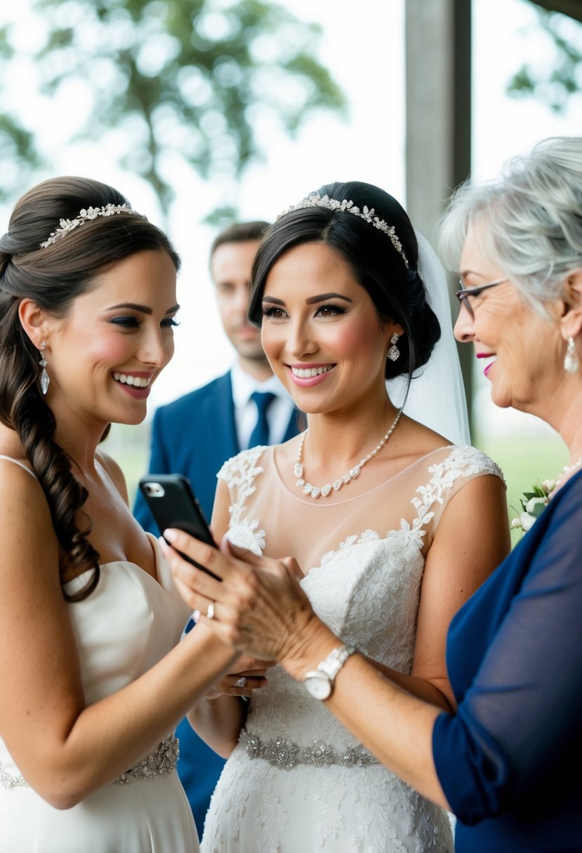 The maid of honor holding a phone, smiling, while the mother of the bride gives her last-minute wedding day advice