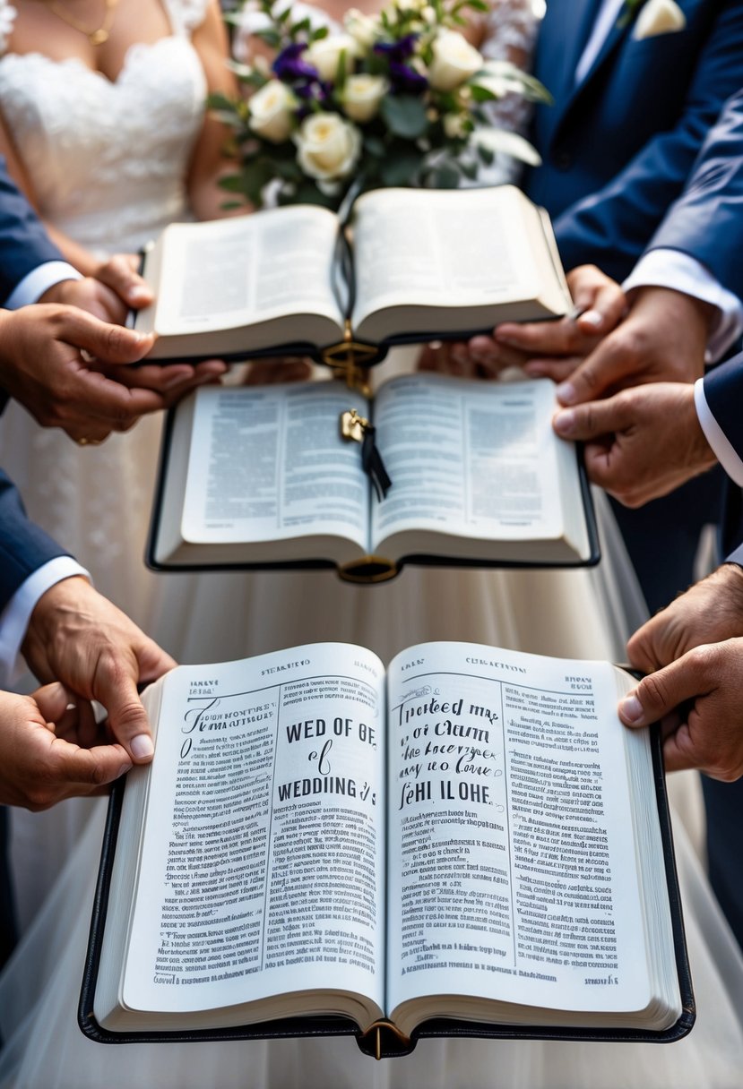 A family wedding ceremony with open Bibles, displaying meaningful quotes and verses, surrounded by loved ones