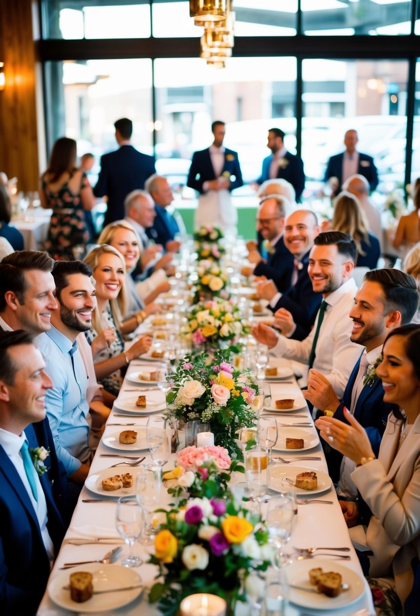 A bustling restaurant with a long table adorned with flowers, surrounded by happy guests chatting and enjoying a post-wedding celebration