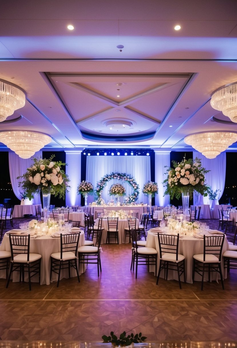 A grand wedding celebration with a lively dance floor, elegant banquet tables, and a beautiful outdoor ceremony space