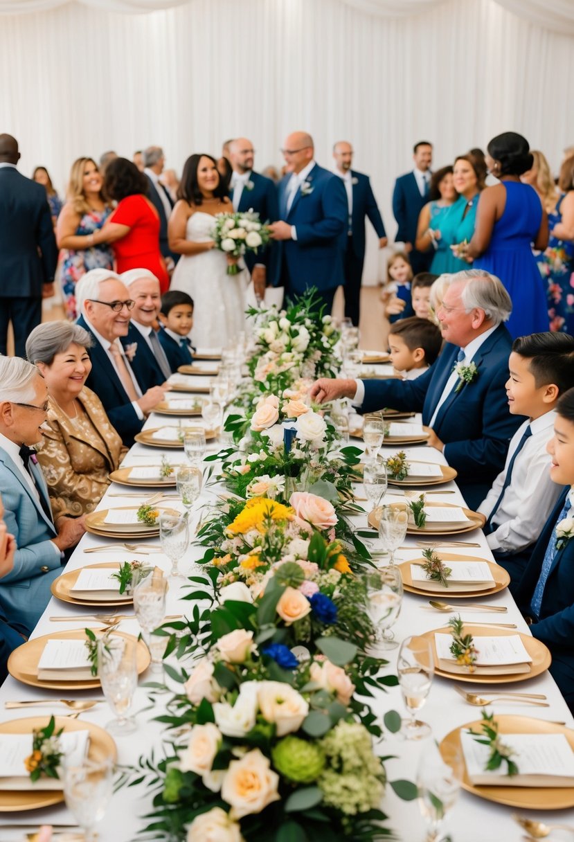 A large table set with diverse floral arrangements, multiple generations mingling, and children playing together in the background at a big family wedding