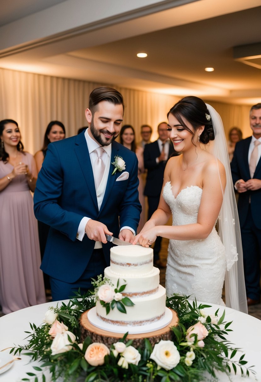 A bride and groom cutting a wedding cake with budget-friendly decorations and flowers, surrounded by guests enjoying a simple yet elegant reception