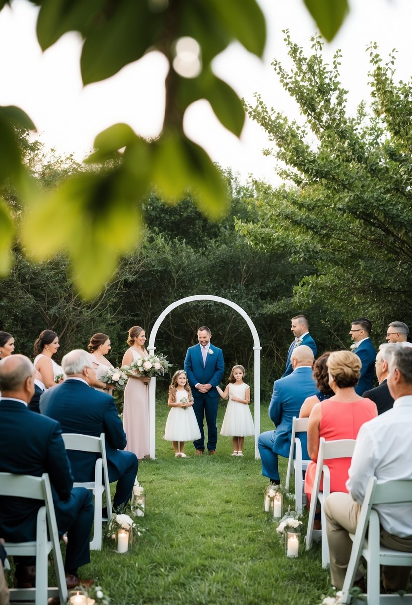 A small outdoor ceremony with a simple arch and immediate family seated in a semi-circle, surrounded by nature