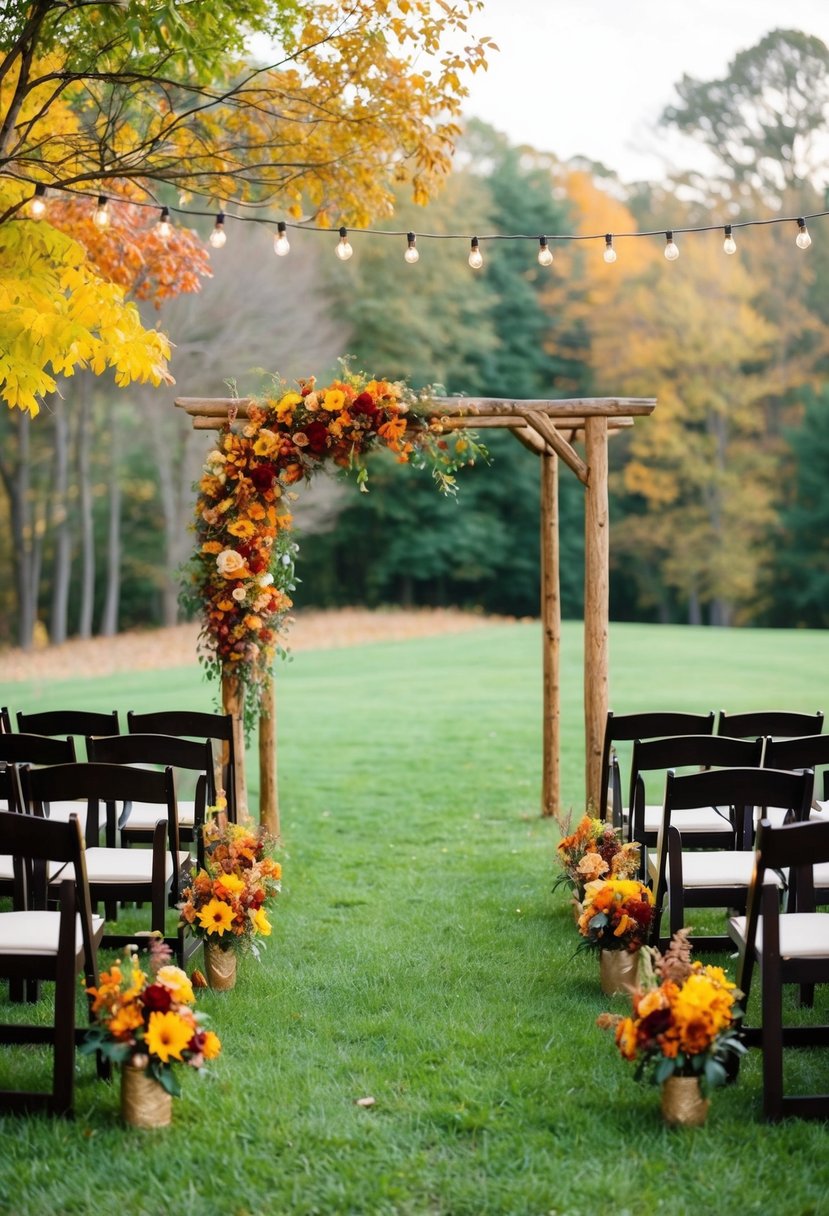 A serene outdoor wedding venue with colorful autumn foliage, a rustic wooden arch, and twinkling string lights