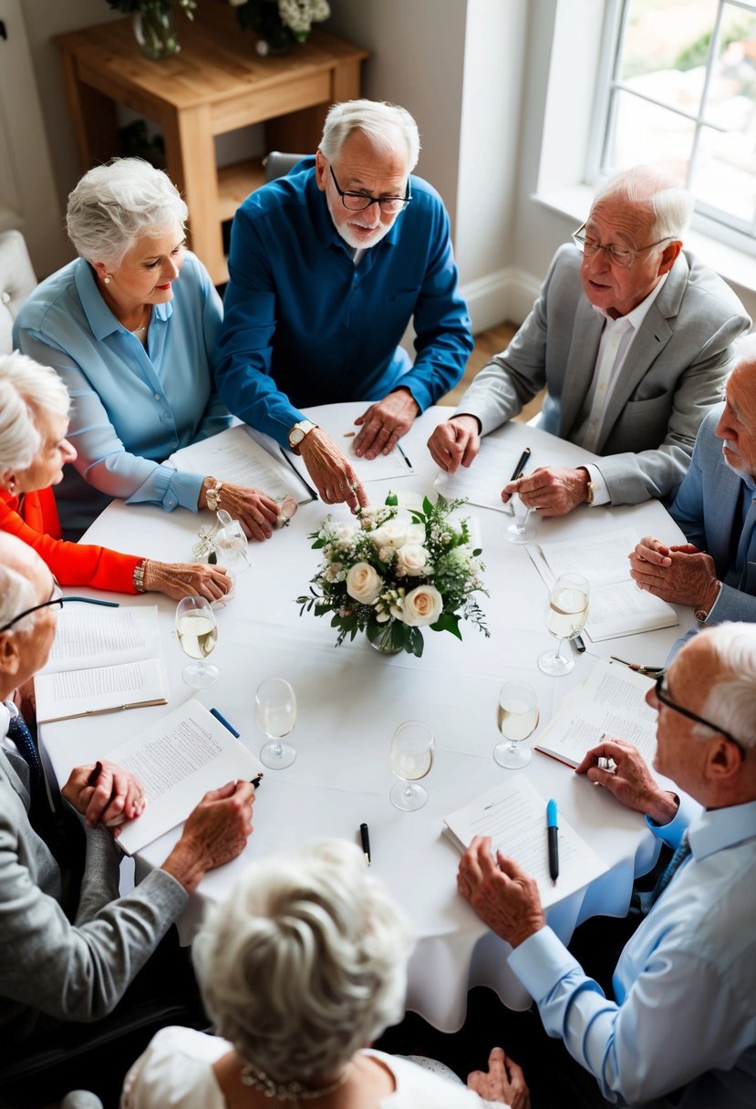 Elderly family members encircle a table, sharing wedding advice as younger relatives listen attentively