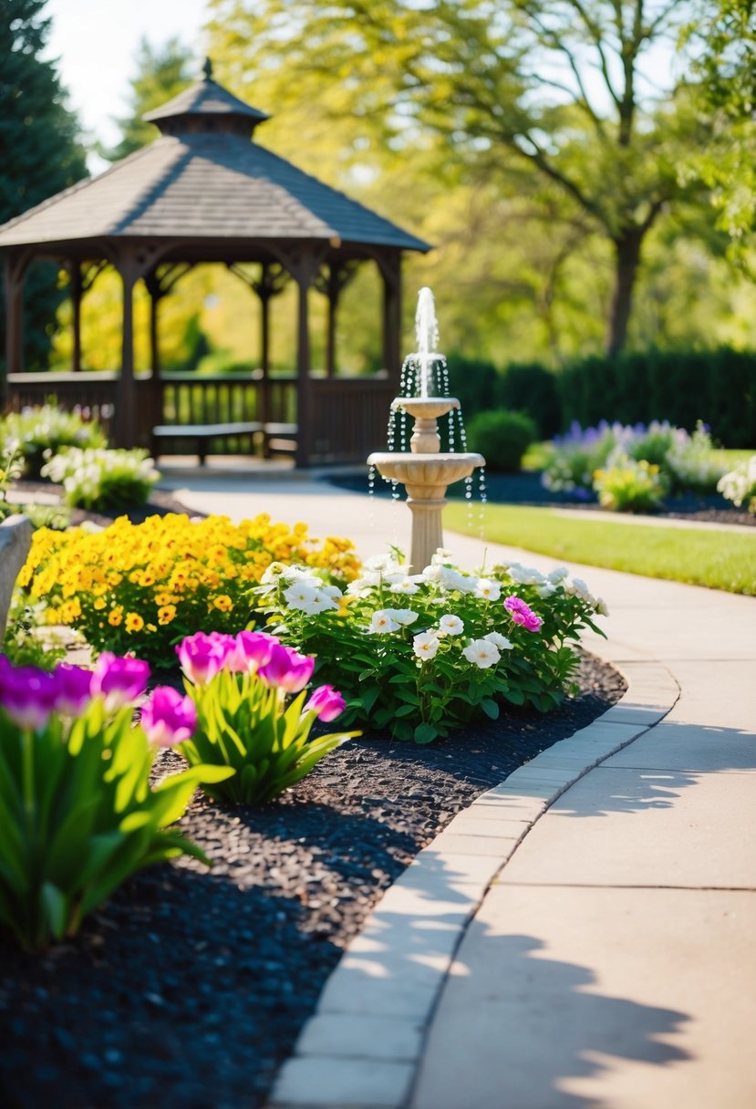 A serene outdoor setting with a gazebo, blooming flowers, and a winding path. A small fountain adds a touch of elegance to the space