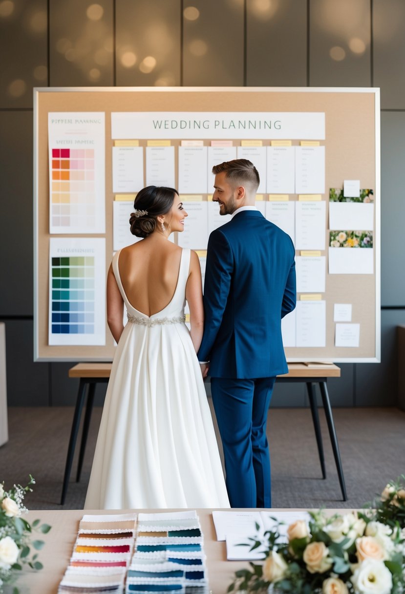 A bride and groom standing in front of a large wedding planning board, with color swatches, fabric samples, and floral arrangements spread out on a table nearby