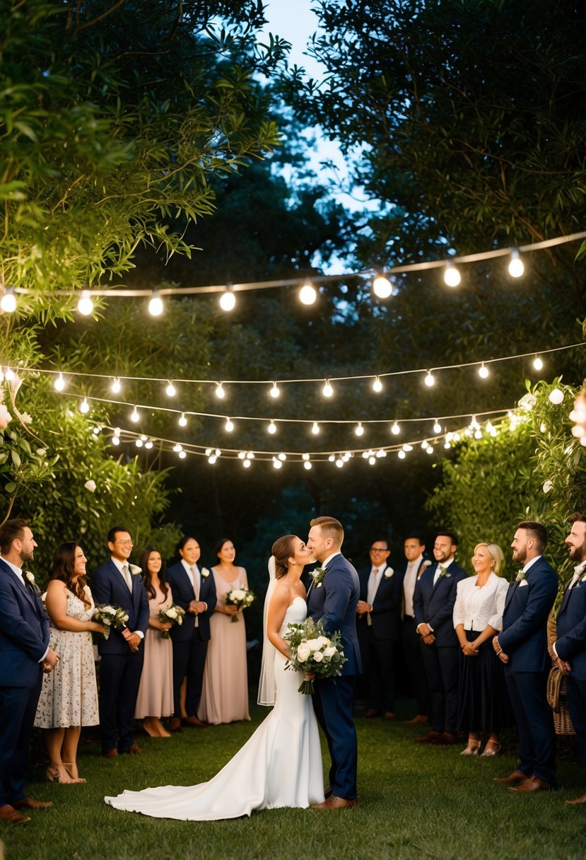 A cozy outdoor wedding with a small guest list, surrounded by lush greenery and twinkling lights