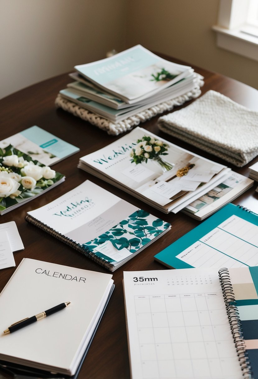 A table scattered with wedding magazines, fabric swatches, and a notebook filled with notes and ideas. A calendar marked with important dates and appointments sits nearby