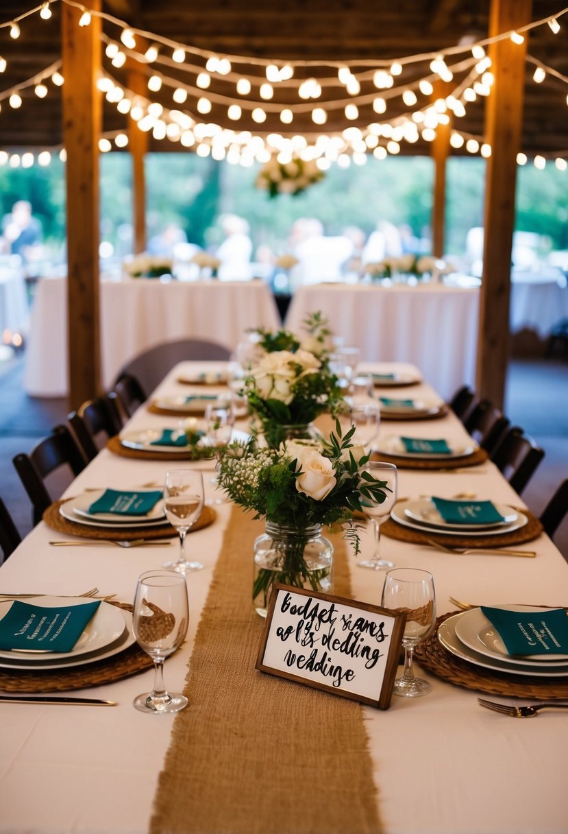 A table set with DIY centerpieces, string lights, and handmade signs for a budget-friendly wedding celebration