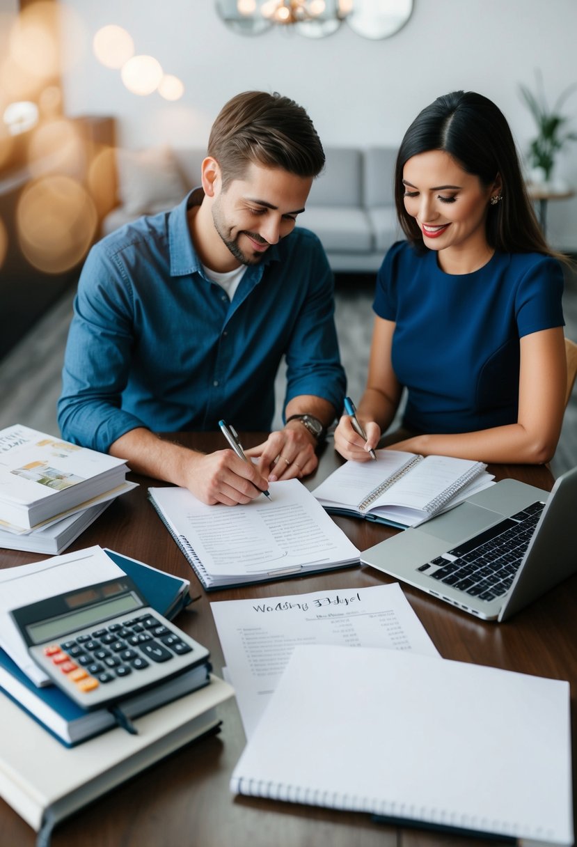 A couple sitting at a table, surrounded by wedding planning books, a laptop, and a calculator. They are discussing and writing down their budget on a piece of paper