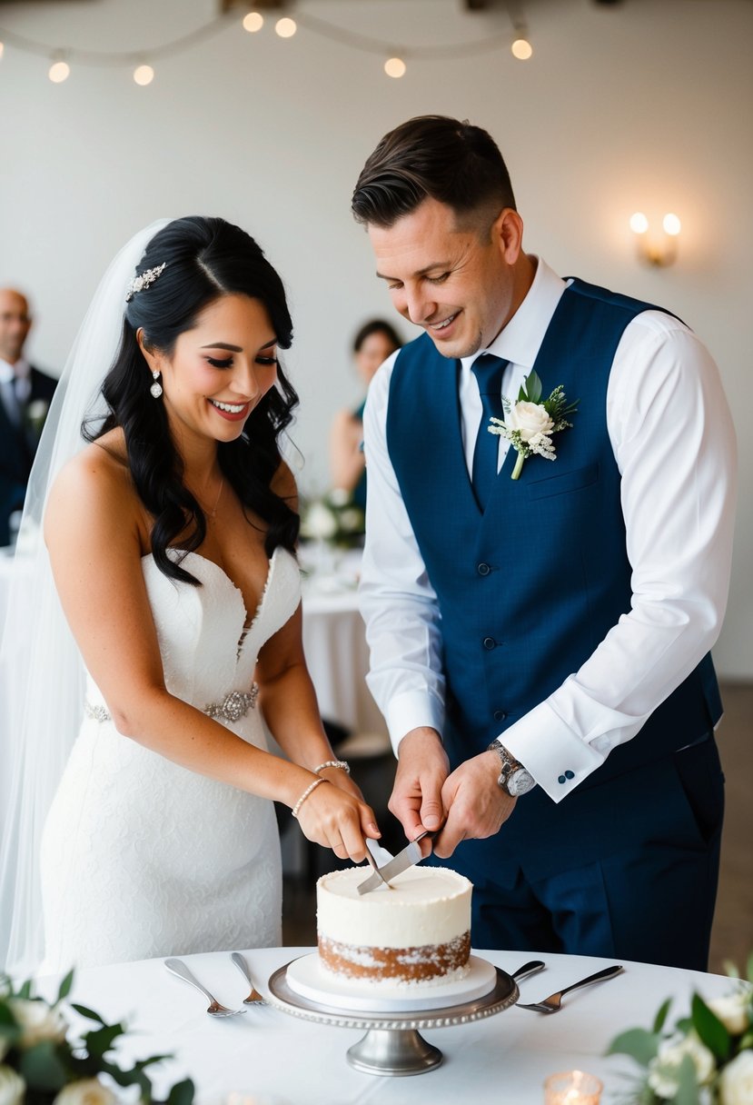 A bride and groom cutting a small wedding cake with budget-friendly decorations and simple table settings