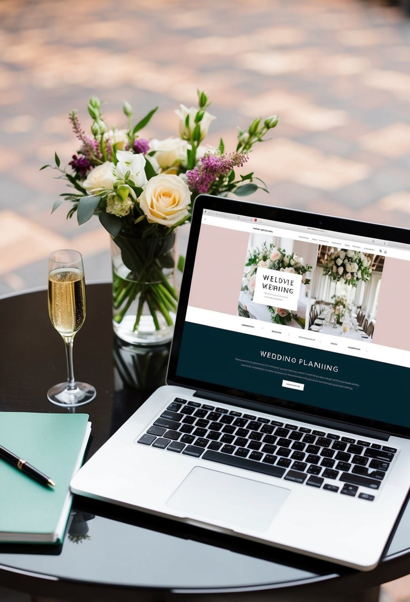 A table with a pen, notebook, and wedding magazines. A laptop open to a wedding planning website. Flowers and a glass of champagne nearby