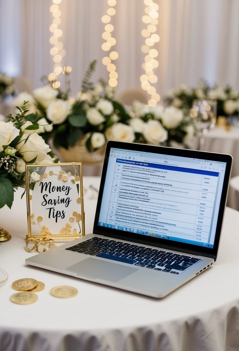 A table with wedding-themed decorations and a laptop displaying a list of money-saving tips