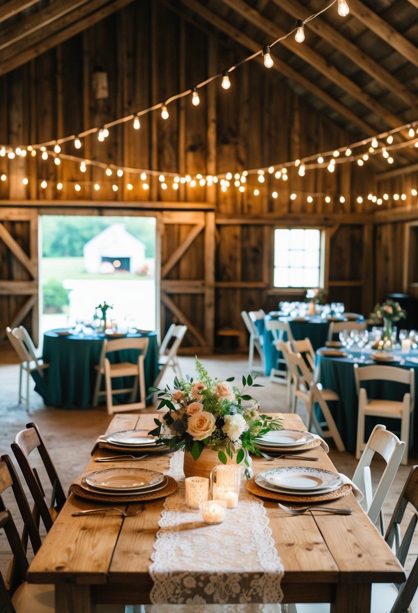 A rustic barn venue with string lights and floral accents. Tables set with vintage china and lace runners. Cozy seating areas with mismatched furniture