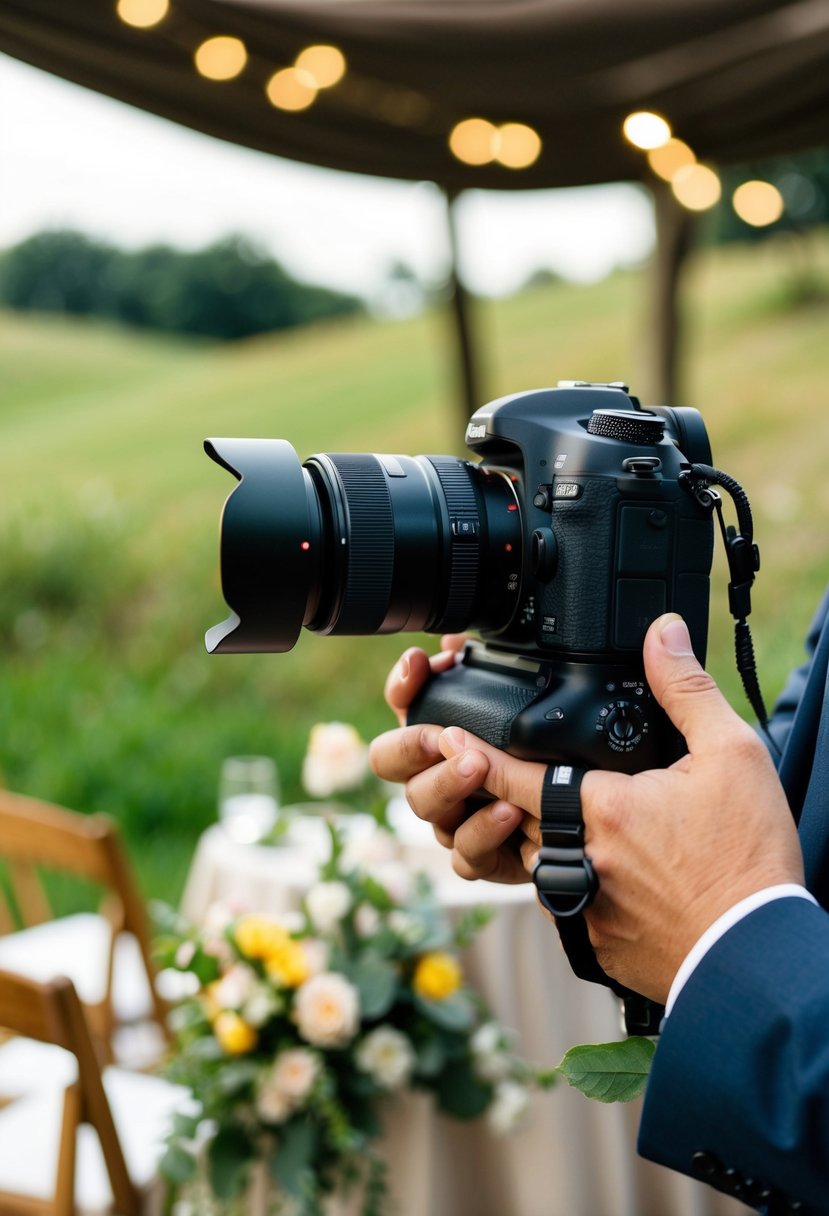 A wedding photographer's camera capturing details of a budget-friendly wedding setup in a rustic outdoor setting