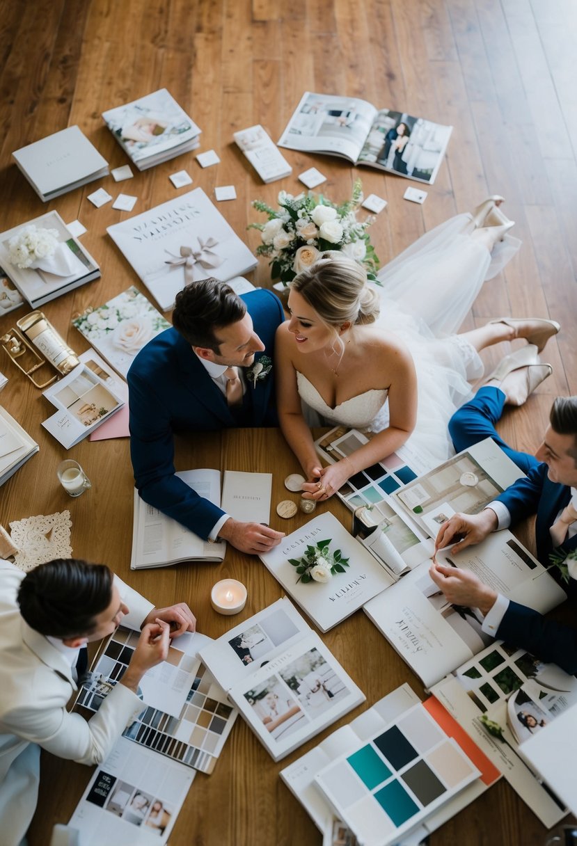 A couple surrounded by wedding magazines, swatches, and Pinterest boards, discussing and planning their wedding theme together