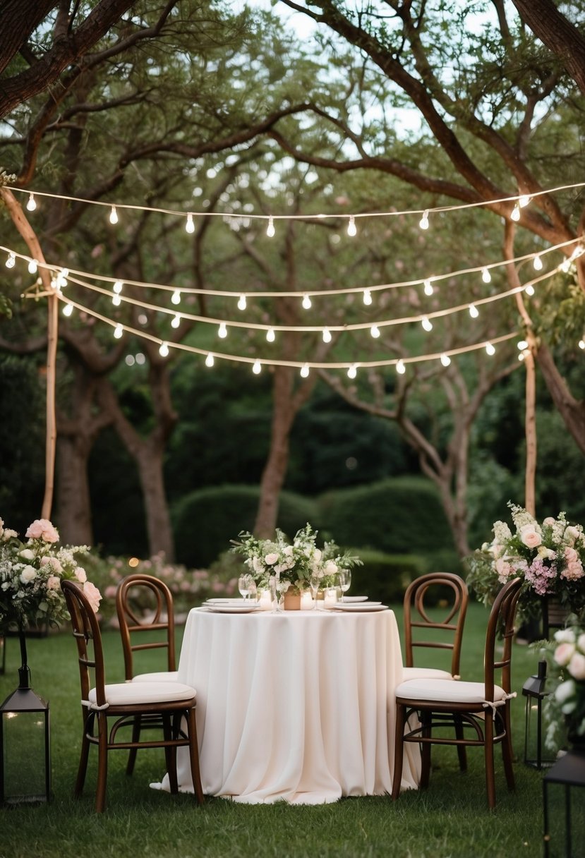 A cozy outdoor wedding with a simple, elegant table setting under a canopy of trees, surrounded by blooming flowers and twinkling lights