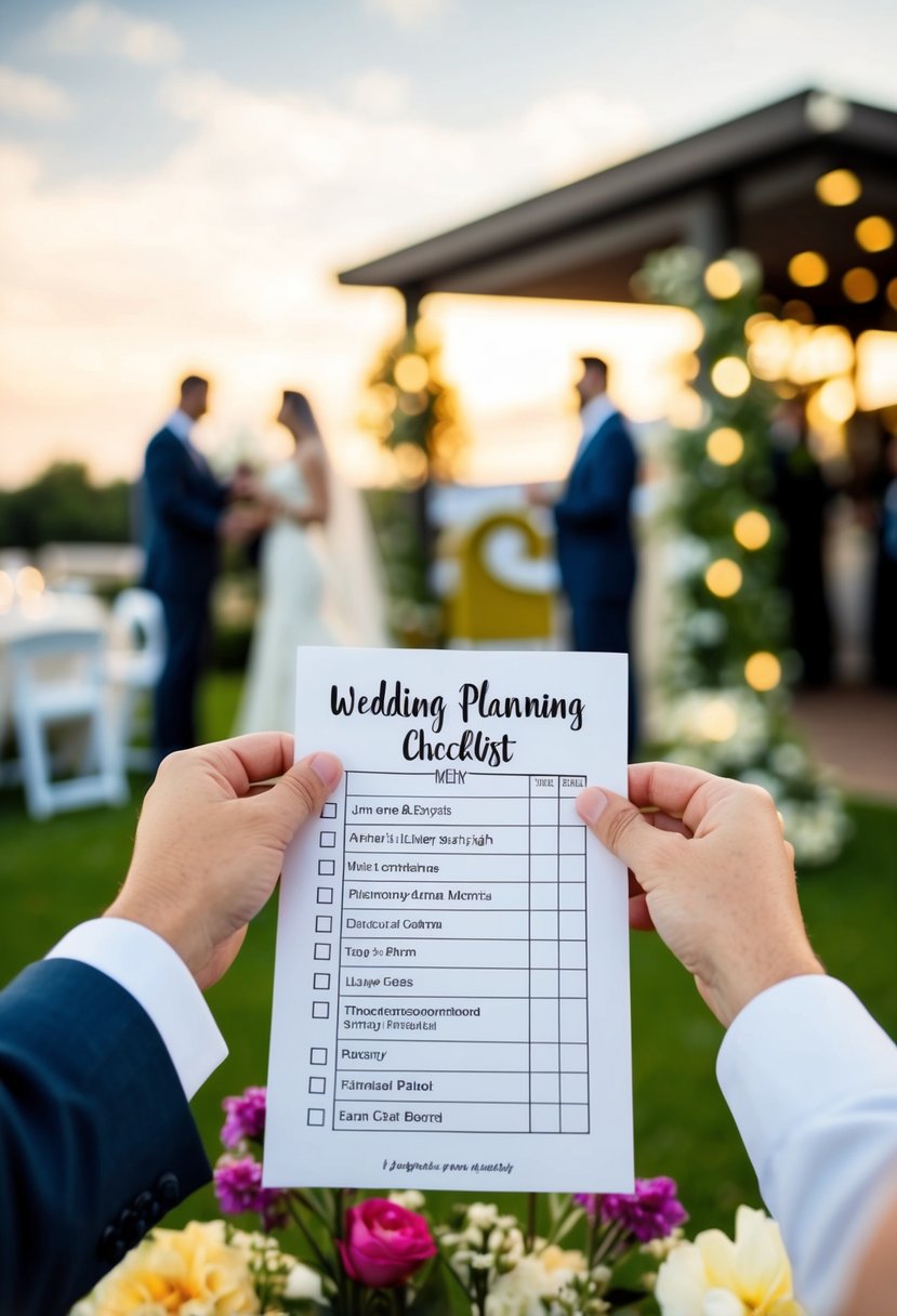 A couple's hands holding a wedding planning checklist with hearts, flowers, and a venue in the background