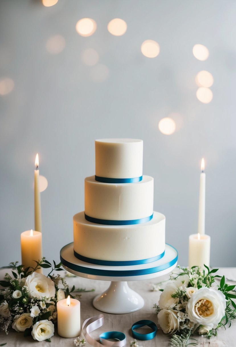 A tiered wedding cake with minimal decoration surrounded by budget-friendly wedding planning items such as flowers, candles, and ribbons