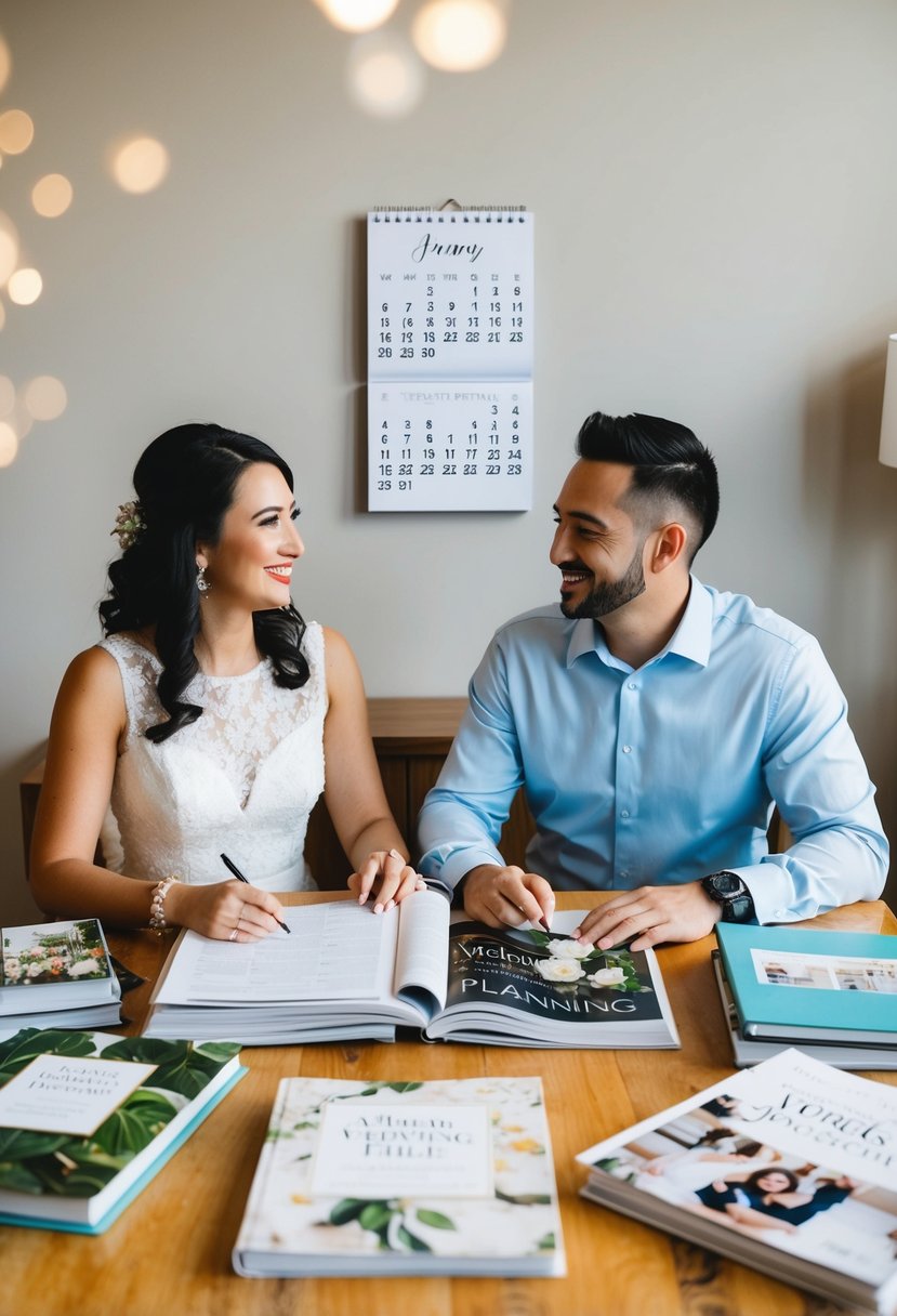 A couple sits at a table, surrounded by wedding planning books and magazines. A calendar on the wall shows the date of their upcoming wedding