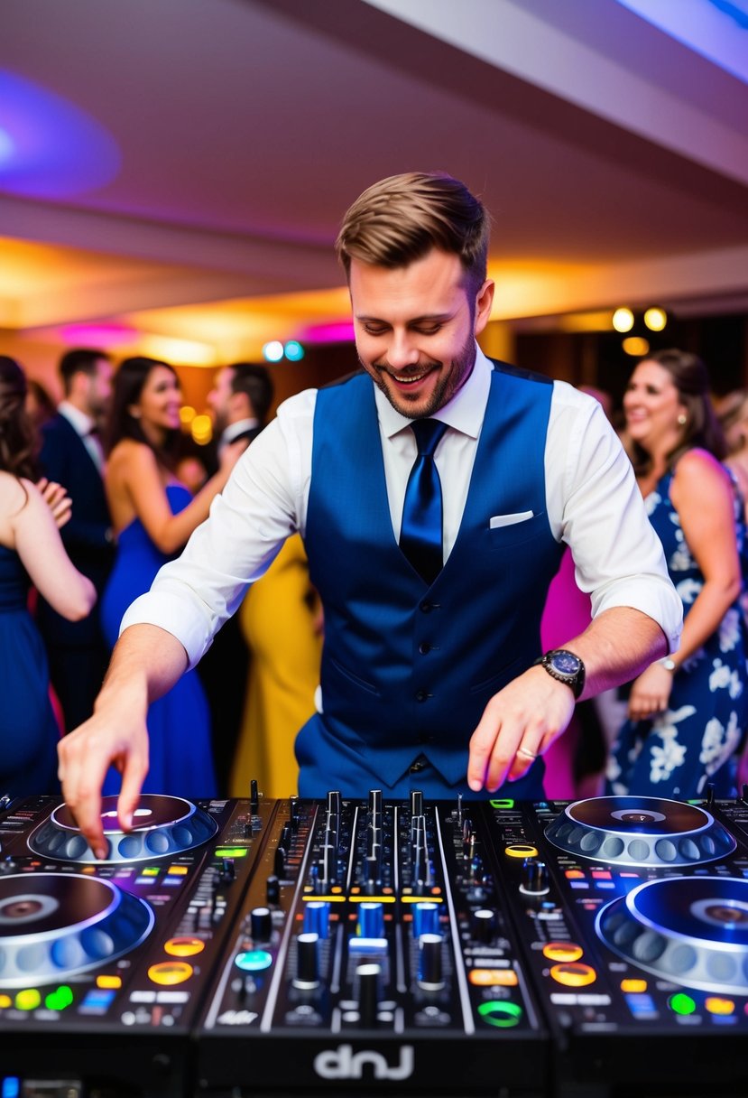 A lively DJ mixing music at a wedding reception, surrounded by dancing guests and colorful lights