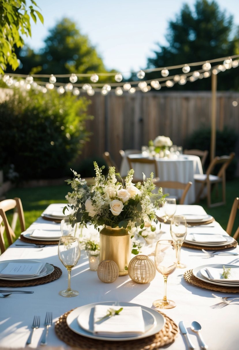 A cozy backyard wedding with a small guest list, simple decorations, and DIY centerpieces on a sunny day