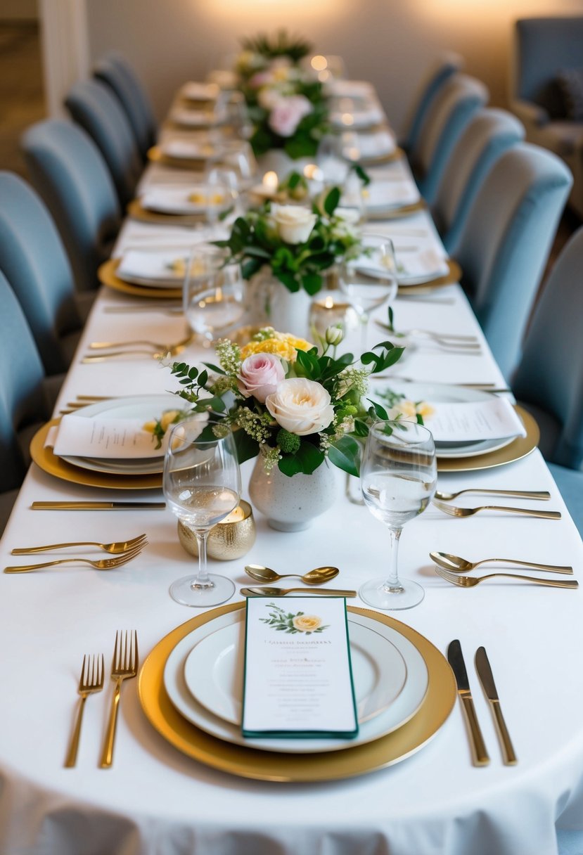 A table set with elegant place settings and fresh flowers, surrounded by comfortable seating and soft lighting