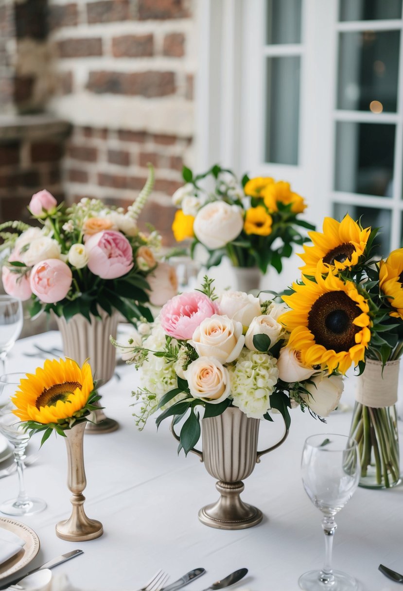 A table with various wedding bouquet ideas, including roses, peonies, and sunflowers, arranged in elegant vases