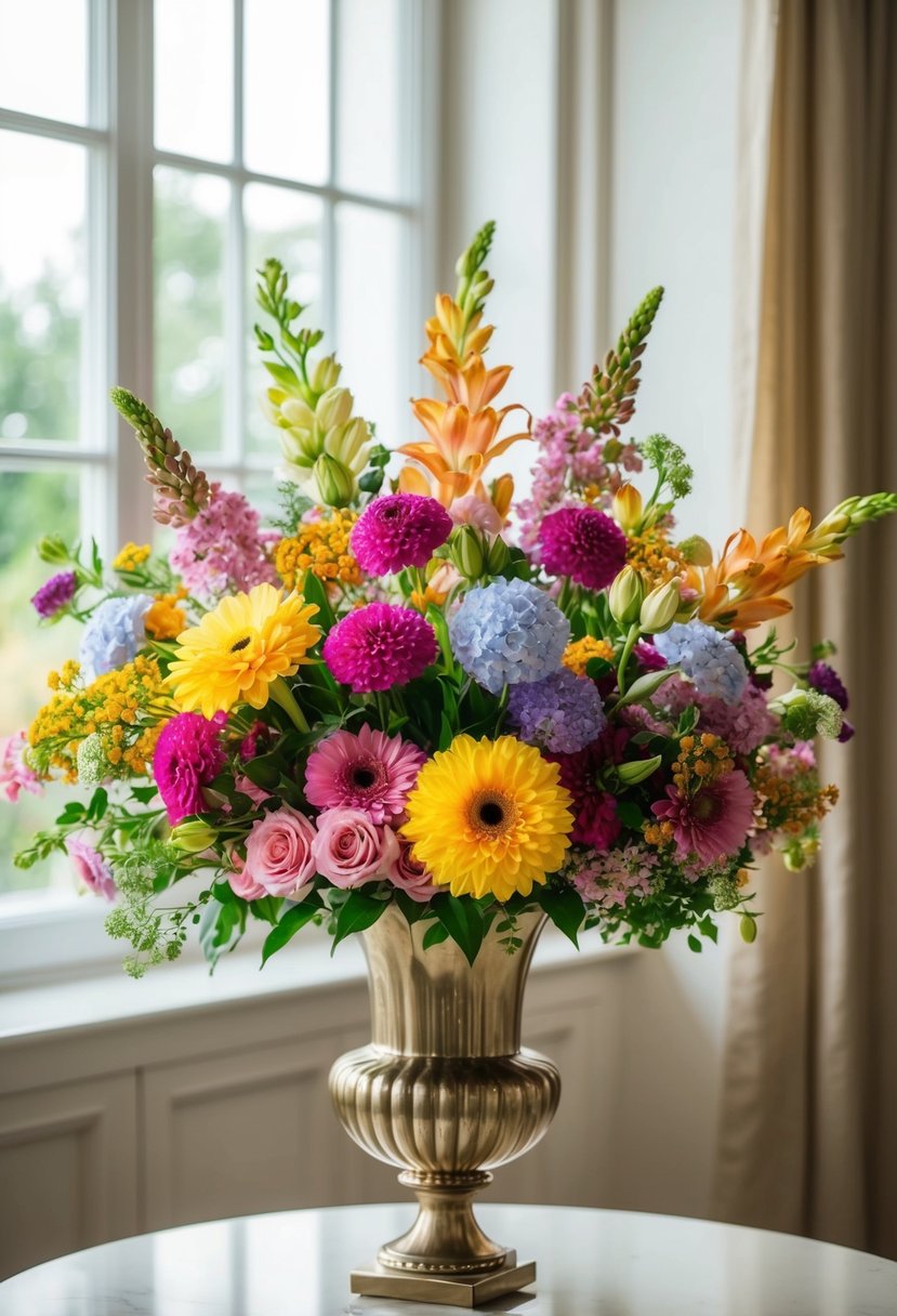 A lush bouquet of colorful flowers, arranged in an elegant vase, sits on a table with soft, natural light streaming in from a nearby window