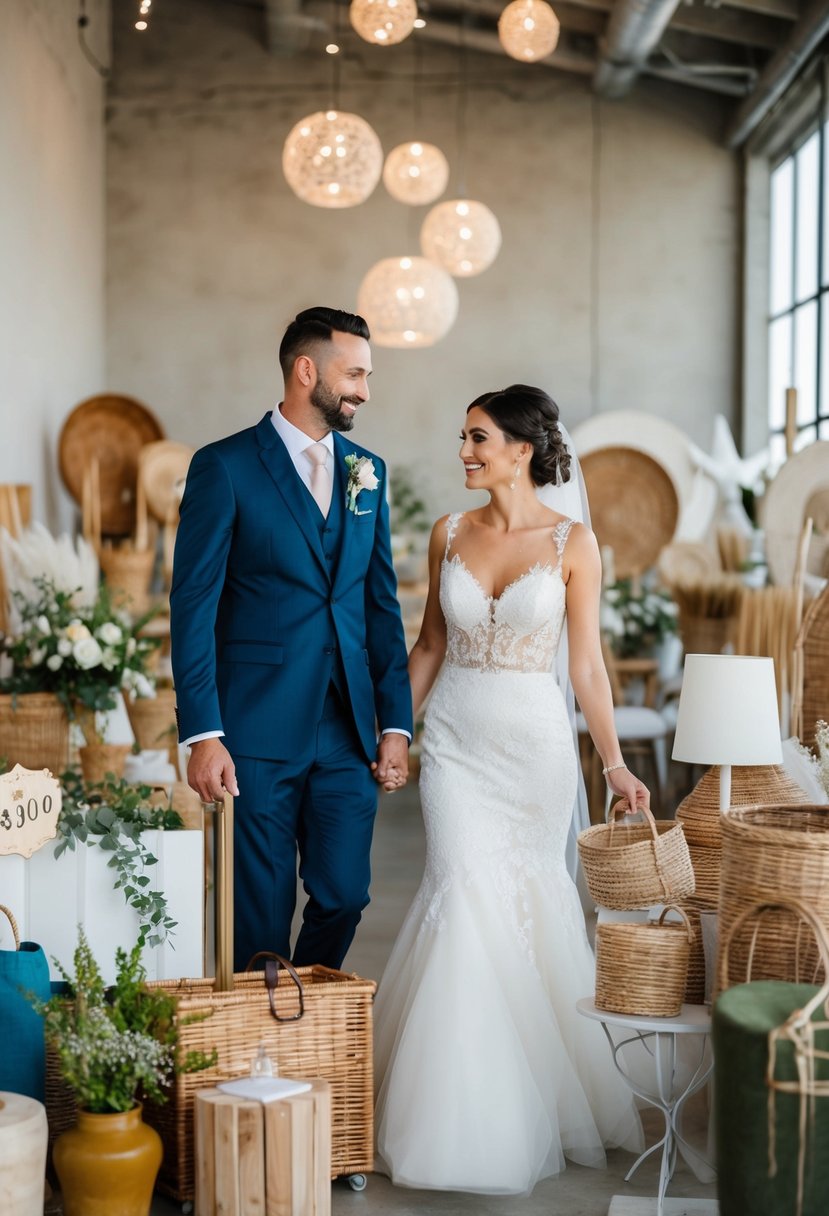 A bride and groom browse through a collection of rented decor items for their wedding, carefully comparing prices and styles to stay within their $12000 budget