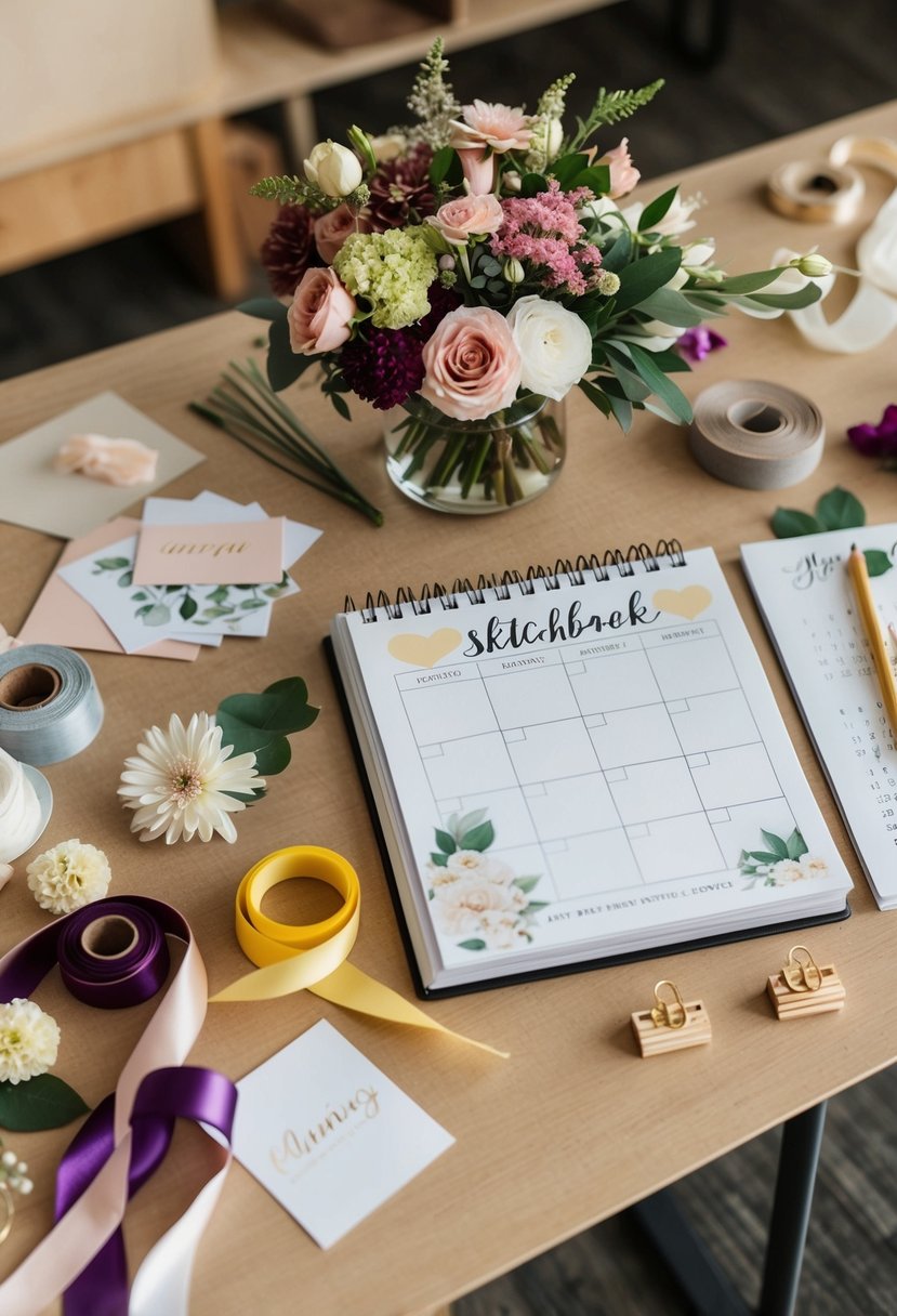 A table filled with craft supplies: ribbons, flowers, and paper. A sketchbook with wedding decor ideas and a calendar for planning