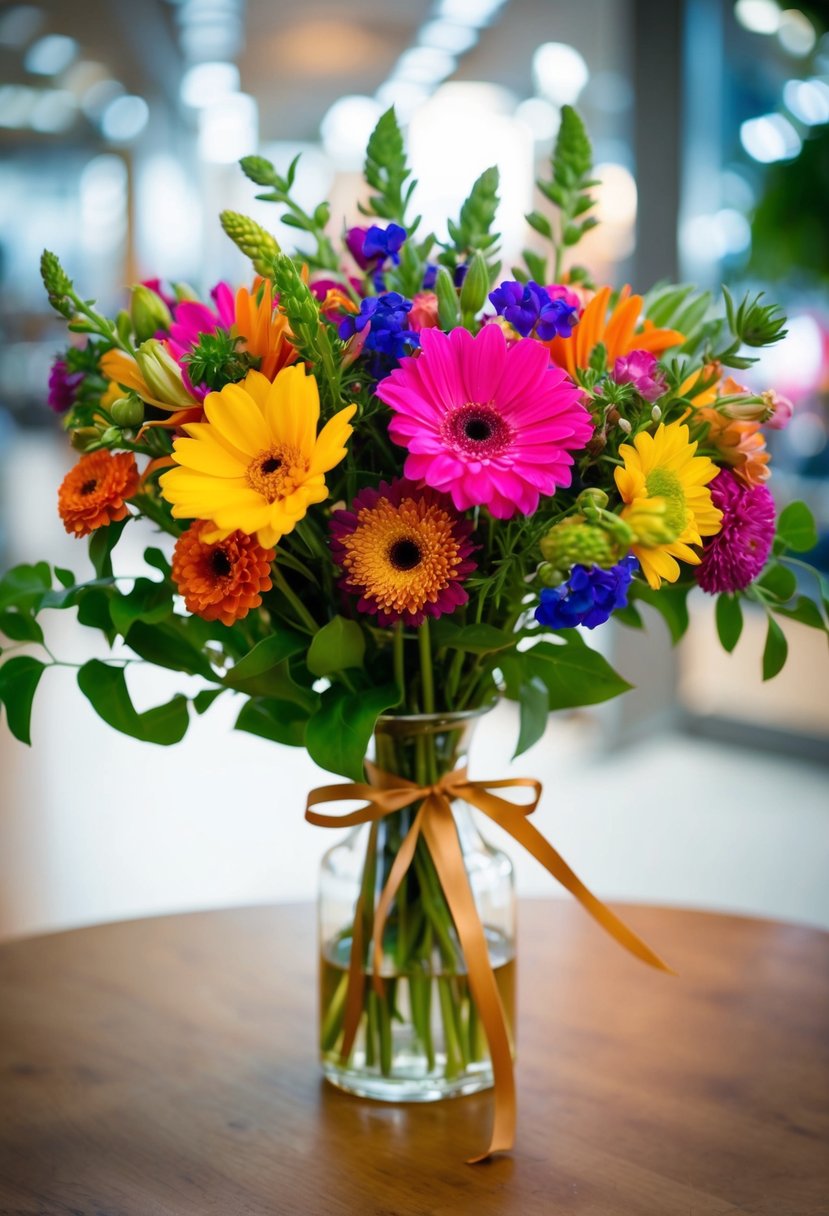 A vibrant bouquet of mixed flowers with a ribbon tied around the stems, sitting in a simple glass vase on a wooden table