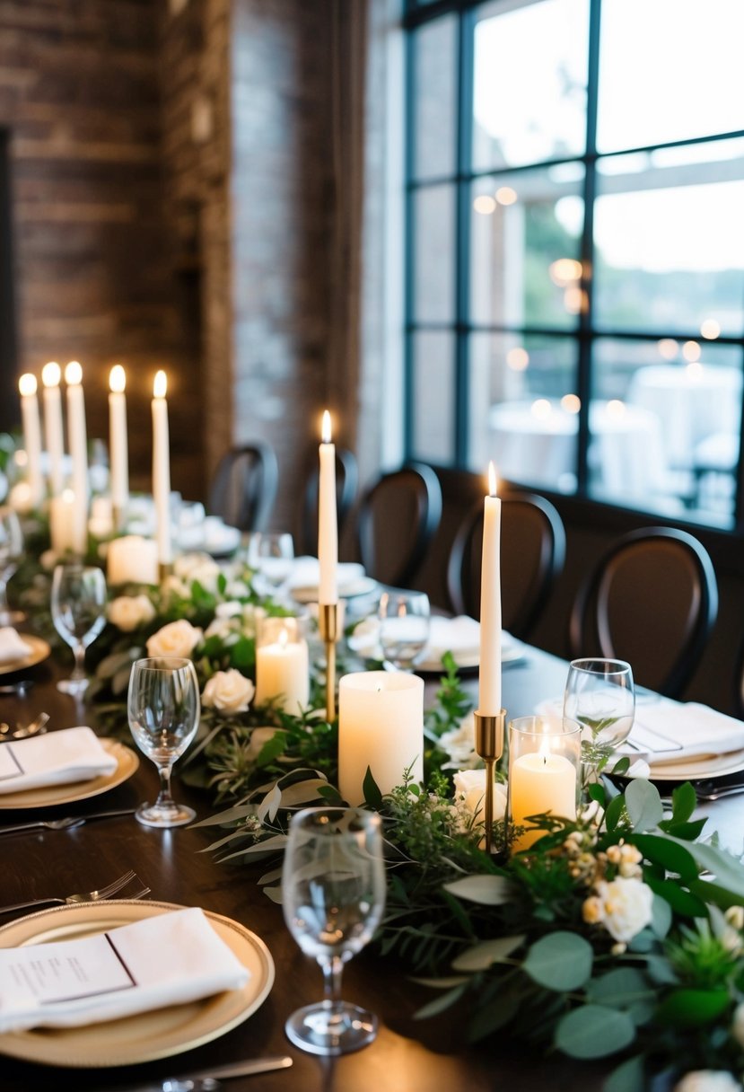 A table set with elegant yet budget-friendly centerpieces, featuring candles, greenery, and simple floral arrangements in a cozy, intimate wedding setting