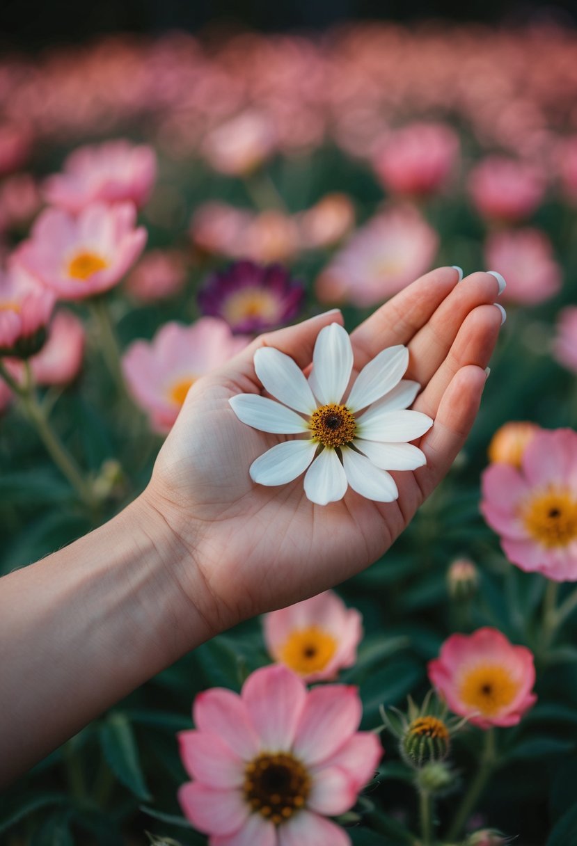 A hand holding a single seed, surrounded by blooming flowers