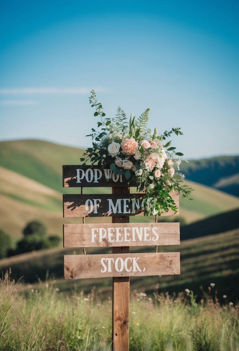 A rustic wooden sign adorned with fresh flowers and greenery, set against a backdrop of rolling hills and a clear blue sky