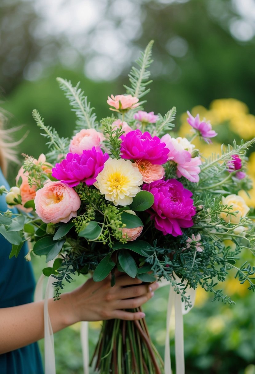 A vibrant bouquet of blooming flowers, intertwined with delicate greenery, symbolizing love and growth