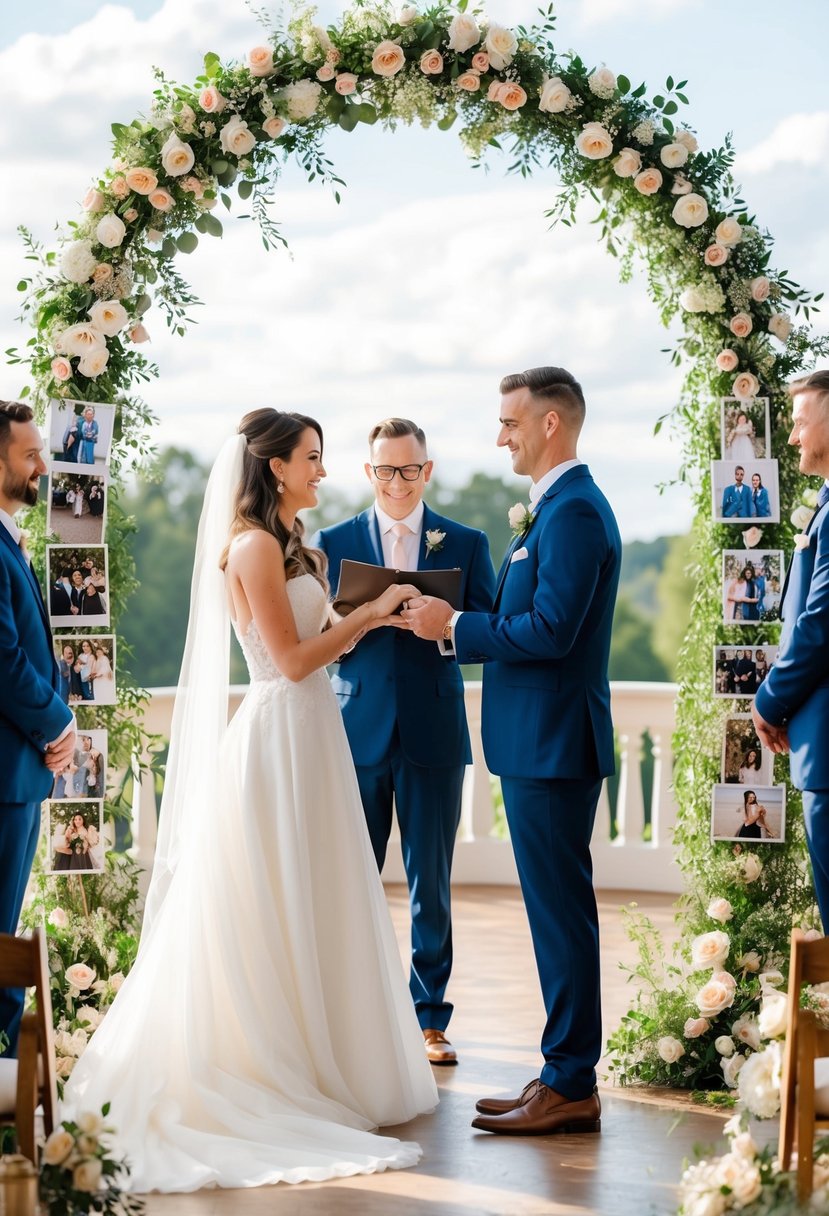 A bride and groom exchanging personalized vows under a floral archway, surrounded by photos of their favorite memories together