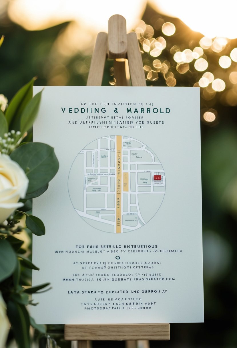 A wedding invitation with a detailed map and clear instructions for guests